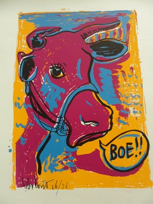 Peter Klashorst - Zeefdruk, titel. 'De verbaasde koe kopen? Bied vanaf 35!