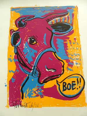 Peter Klashorst - Zeefdruk, titel. 'De verbaasde koe verkocht voor € 35!