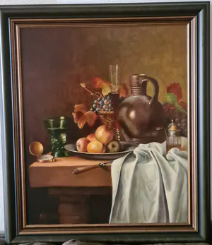 Hans Habraken - Stilleven met aardewerken kruik, druiven en appels kopen? Bied vanaf 450!