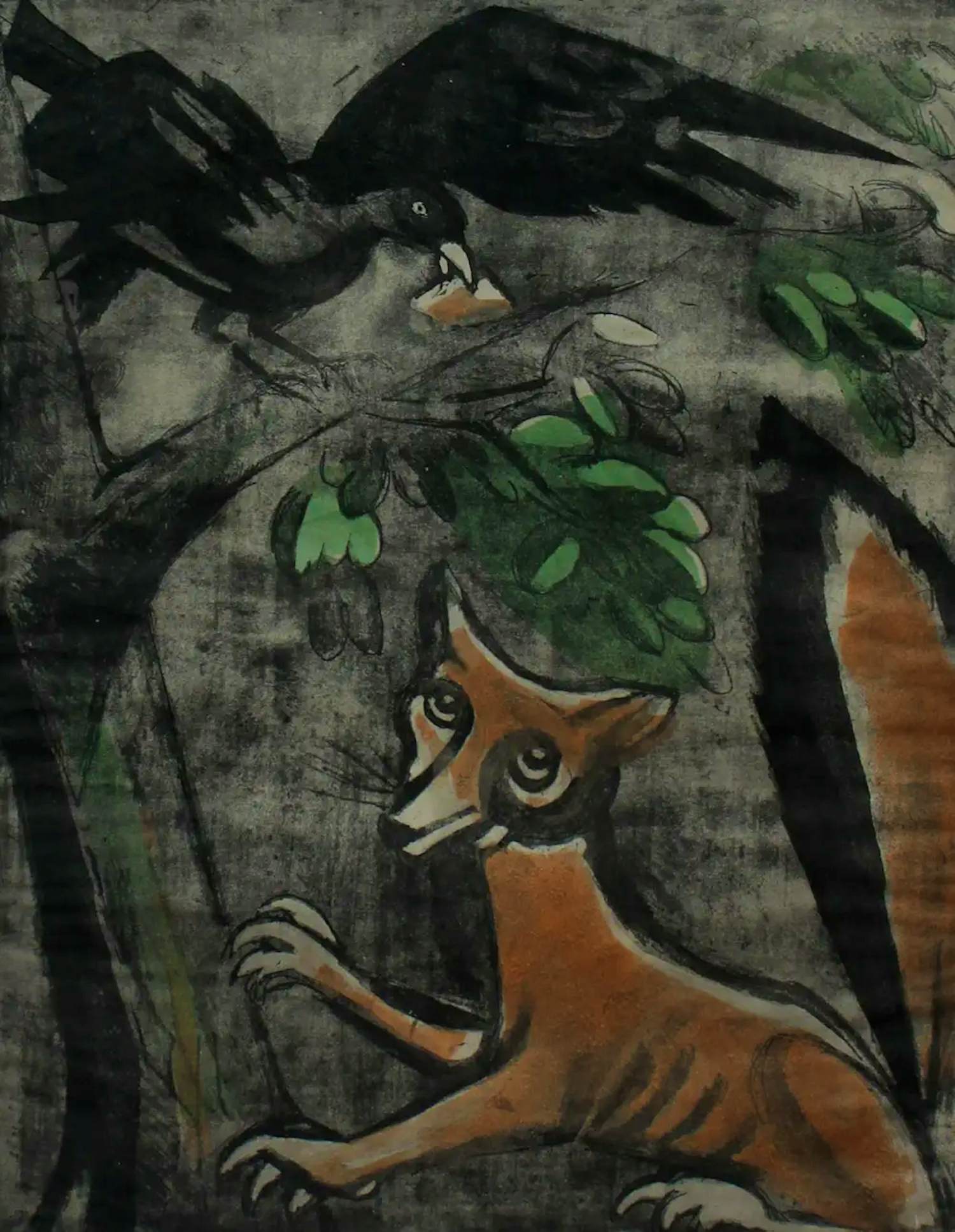 Jeanne Bieruma Oosting - Ingelijste ets/aquatint: 'De raaf en de vos(Fables de la Fontaine)' kopen? Bied vanaf 399!