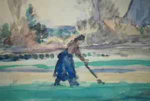 Jacob Kuijper - dorpsgezicht met een vrouw op het land - aquarel kopen? Bied vanaf 75!