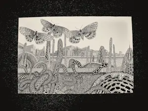 Jan Bernard Meinen - Grote & gedetailleerde Inkt-tekening "Vlinders bij stadsmuur" - 1974 - gesigneer kopen? Bied vanaf 29!