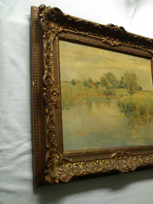 Albert Mulder - Olieverf op doek, Landschap aan het water – Lijst, 60 x 70 cm. kopen? Bied vanaf 20!