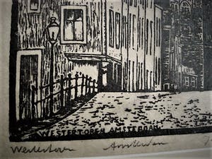 Jac. de Beer - 1920 - Fraaie zwart-wit Houtsnede - "Westertoren amsterdam" potlood gesigneerd kopen? Bied vanaf 10!