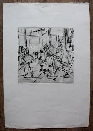 Wilfred Voet - Ets: "kamer met vissen" - 1968 kopen? Bied vanaf 49!