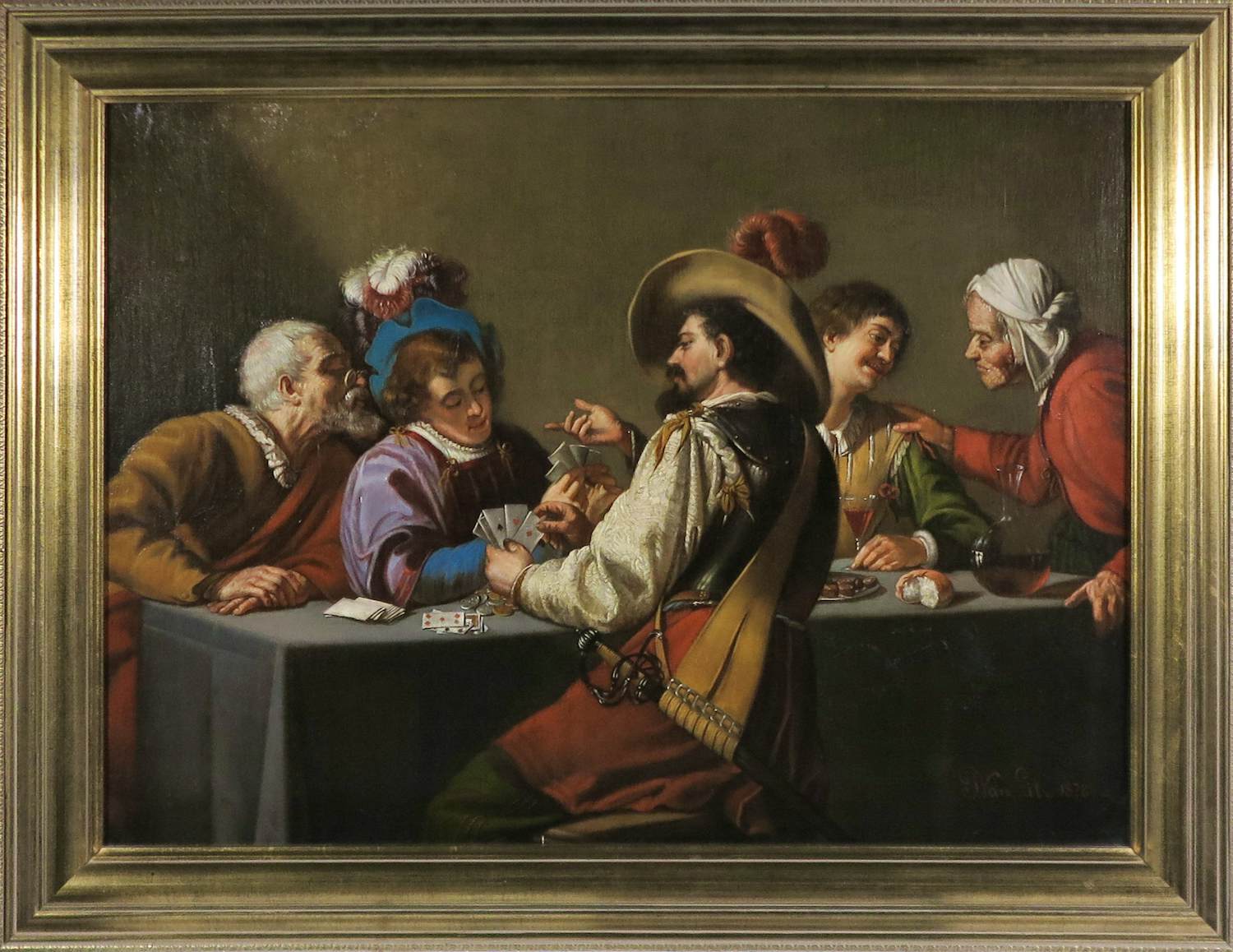 Joseph van Lil - Olieverf op doek, Kaartspelers (kopie naar Theodor Rombouts) - Ingelijst verkocht voor € 400!