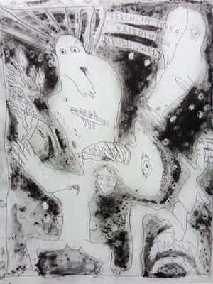 Lucebert - TYPISCHE FIGURATIE / ZW-W ETS / 65x50cm / SIG / 1993 verkocht voor € 135!