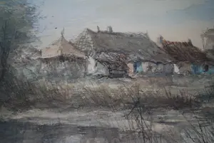 Theodorus van Oorschot - dorpje langs een vaart - aquarel kopen? Bied vanaf 100!
