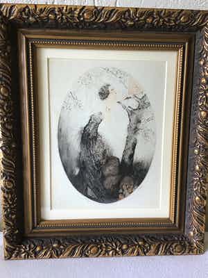 Louis Icart - zeefrduk litho , dame voor vogelkooi verkocht voor € 75!