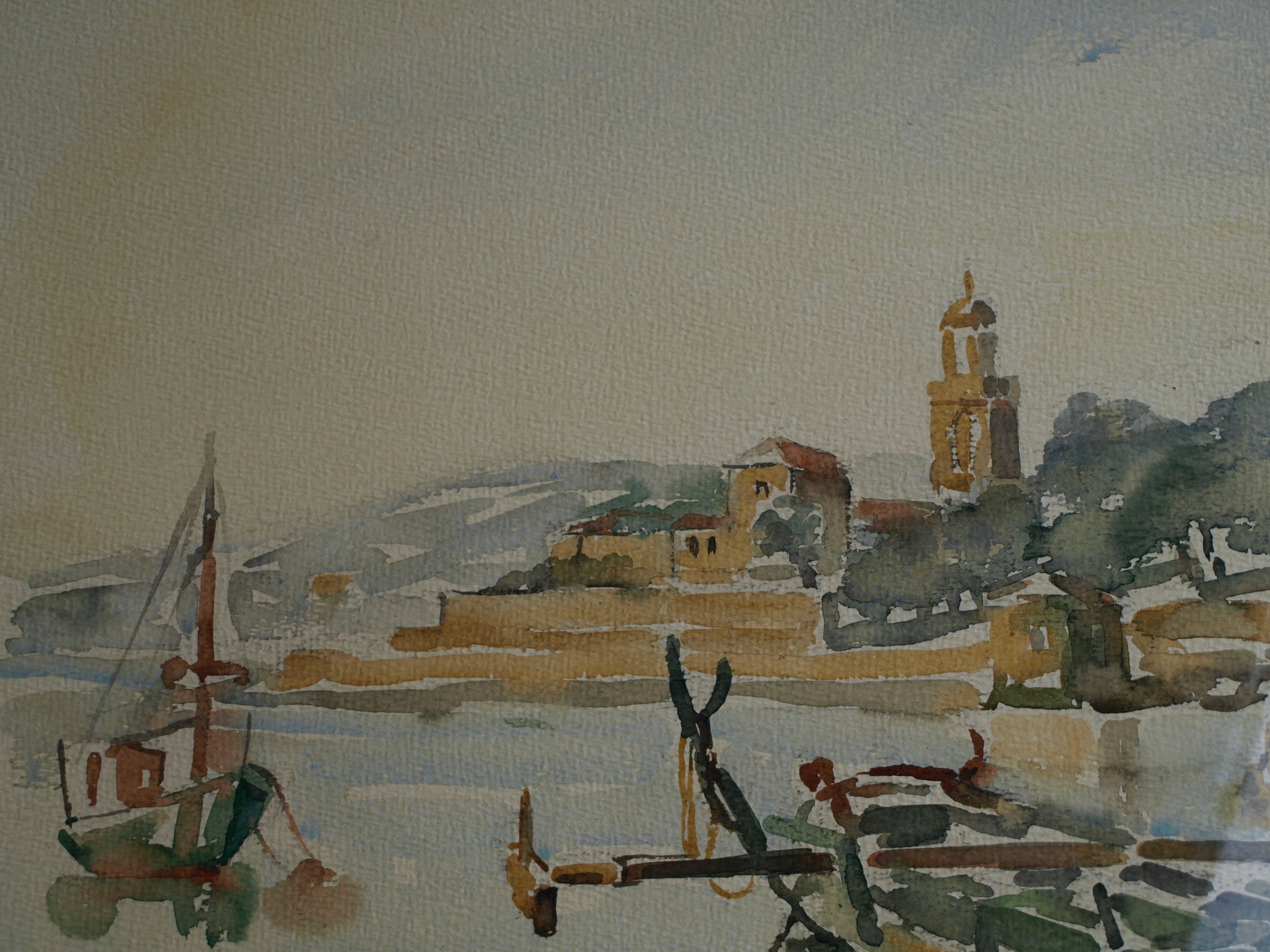 Bob Denneboom - Aquarel – Haven - ingelijst – ca 1958 kopen? Bied vanaf 45!