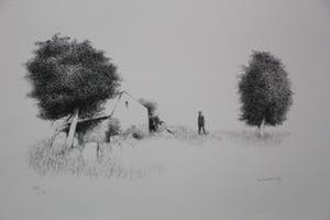 Metten Koornstra - Litho: man in verstild landschap - 1976 kopen? Bied vanaf 65!