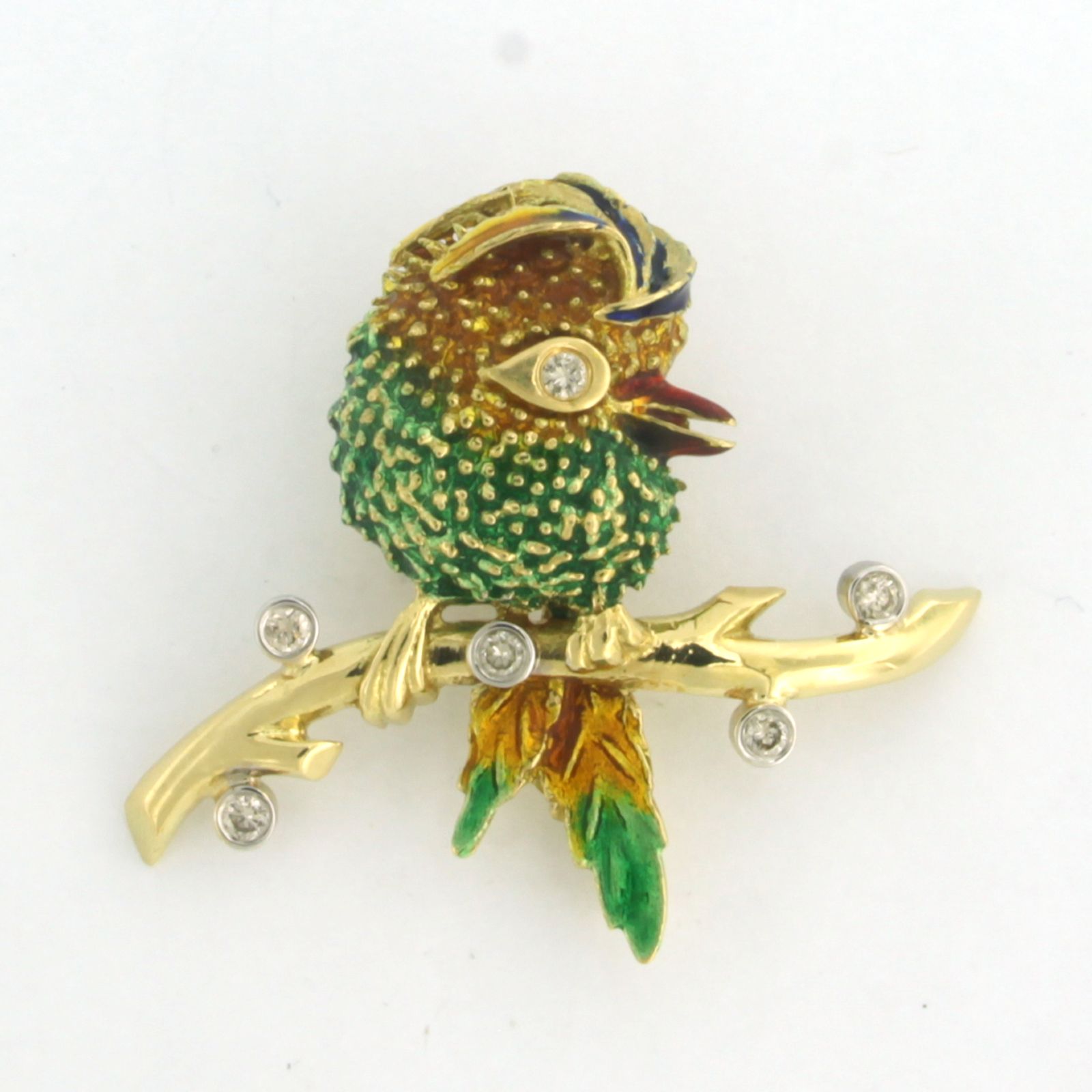 Buy 18k gouden broche in een vorm van een vogel met emaille en diamant? Bid from 1675!