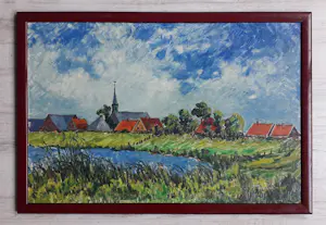 Jan Dekker - Kleurrijk landschap met dorphe aan water kopen? Bied vanaf 75!