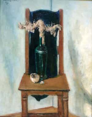 Theo Swagemakers - Houten stoel met groene fles en knoflookstreng verkocht voor € 575!