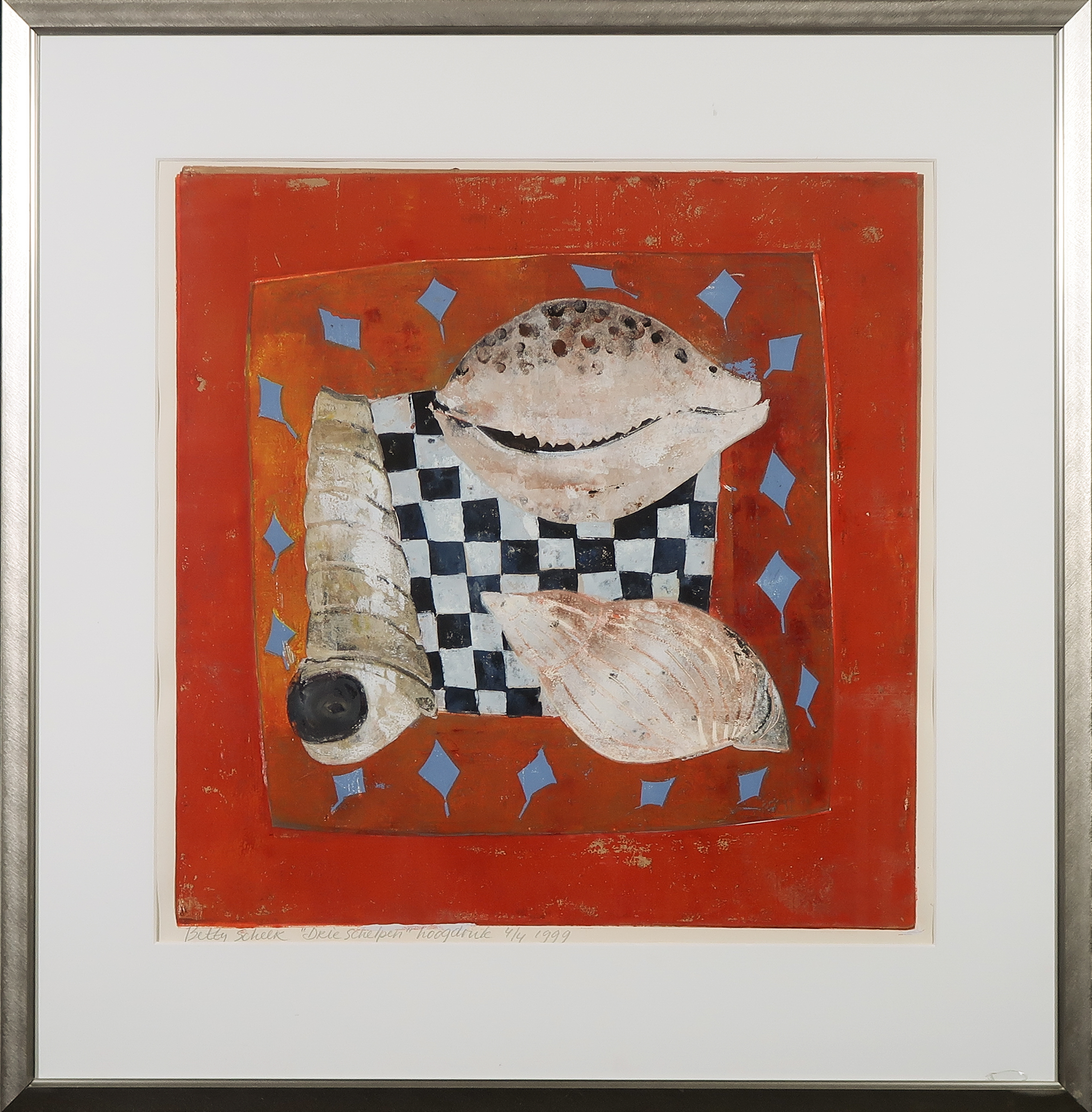 Betty Scheer - Linosnede, Drie schelpen - Ingelijst  verkocht voor € 20!