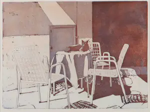 Lucie Meulendijks - Ets en aquatint, Poes op tafel - Ingelijst kopen? Bied vanaf 40!