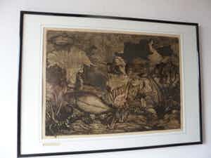 Jan Schonk - Ets, Titel,"Vissen in aquarium". grote ets. verkocht voor € 45!