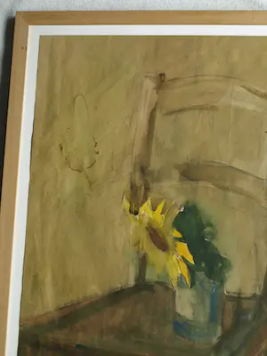 Bob ten Hoope - Ingelijste aquarel , Zonnebloem op Stoel – Lijst, 58 x 48 cm. kopen? Bied vanaf 1!