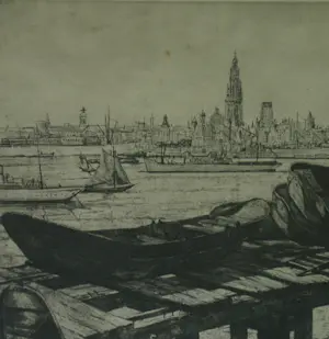 Toon Pluymers - Ingelijste ets , Gezicht op Antwerpen – Lijst, 56 x 71 cm. kopen? Bied vanaf 1!