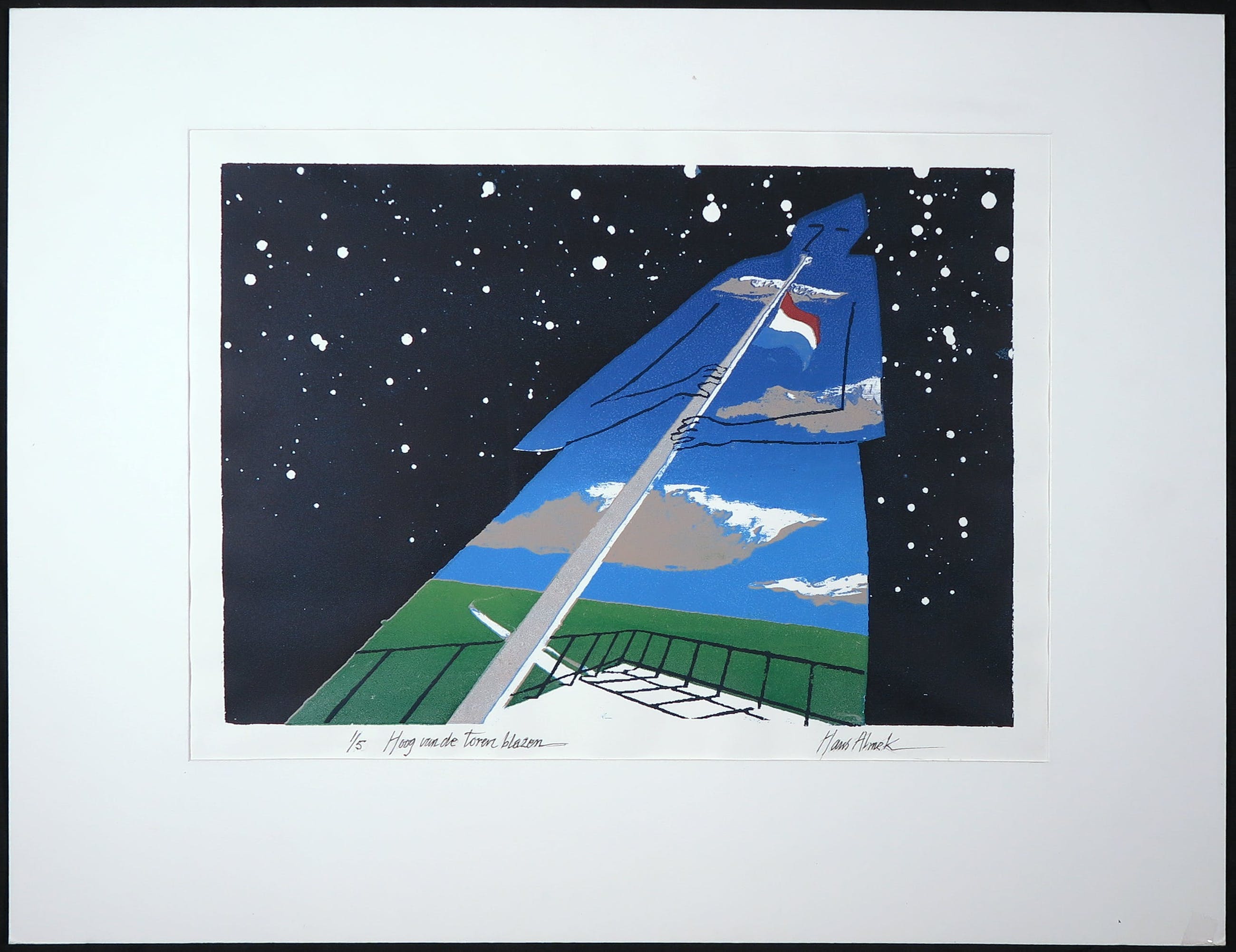 Hans Almekinders - Zeefdruk, Hoog van de toren blazen Verkocht