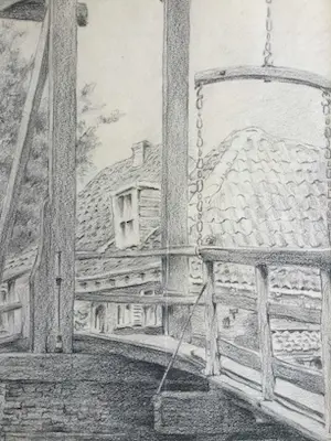 Sebo Detmers - Kwakelbrug Edam | tekening - ingelijst kopen? Bied vanaf 35!