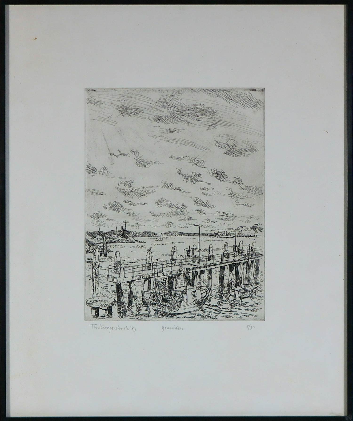 Theo Kurpershoek - Droge naald ets op papier, Ijmuiden - Ingelijst verkocht voor € 50!