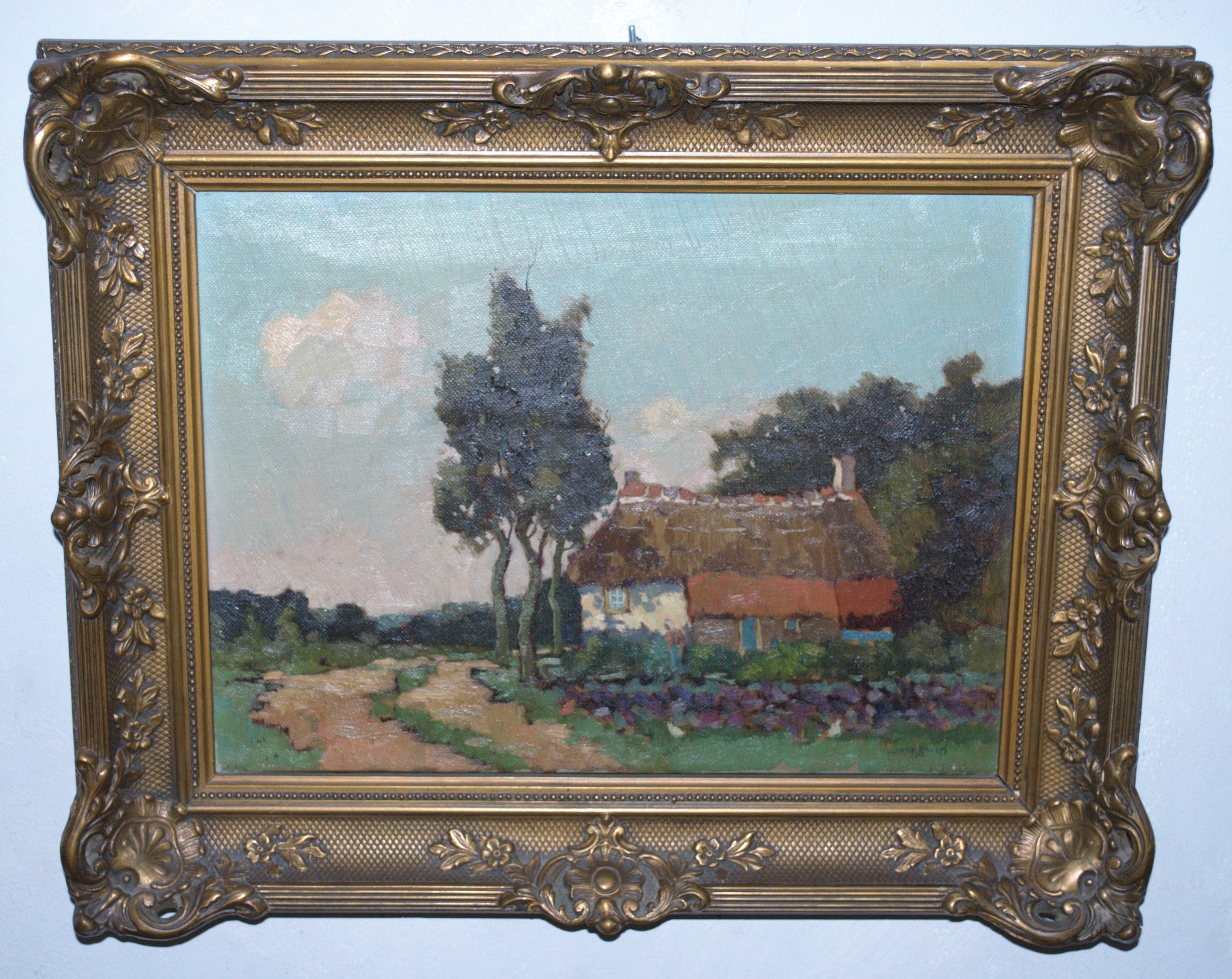 Joop Kropff - boerderij in zonnig landschap - olieverfschilderij  verkocht voor € 190!