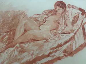 Pieter Starreveld - naakt op sofa in roodkrijt kopen? Bied vanaf 85!