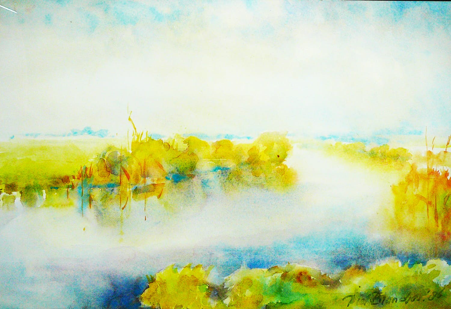 Piet Brandjes - Nevel over de vaart in Noord-Holland -aquarel 1986- verkocht voor € 45!