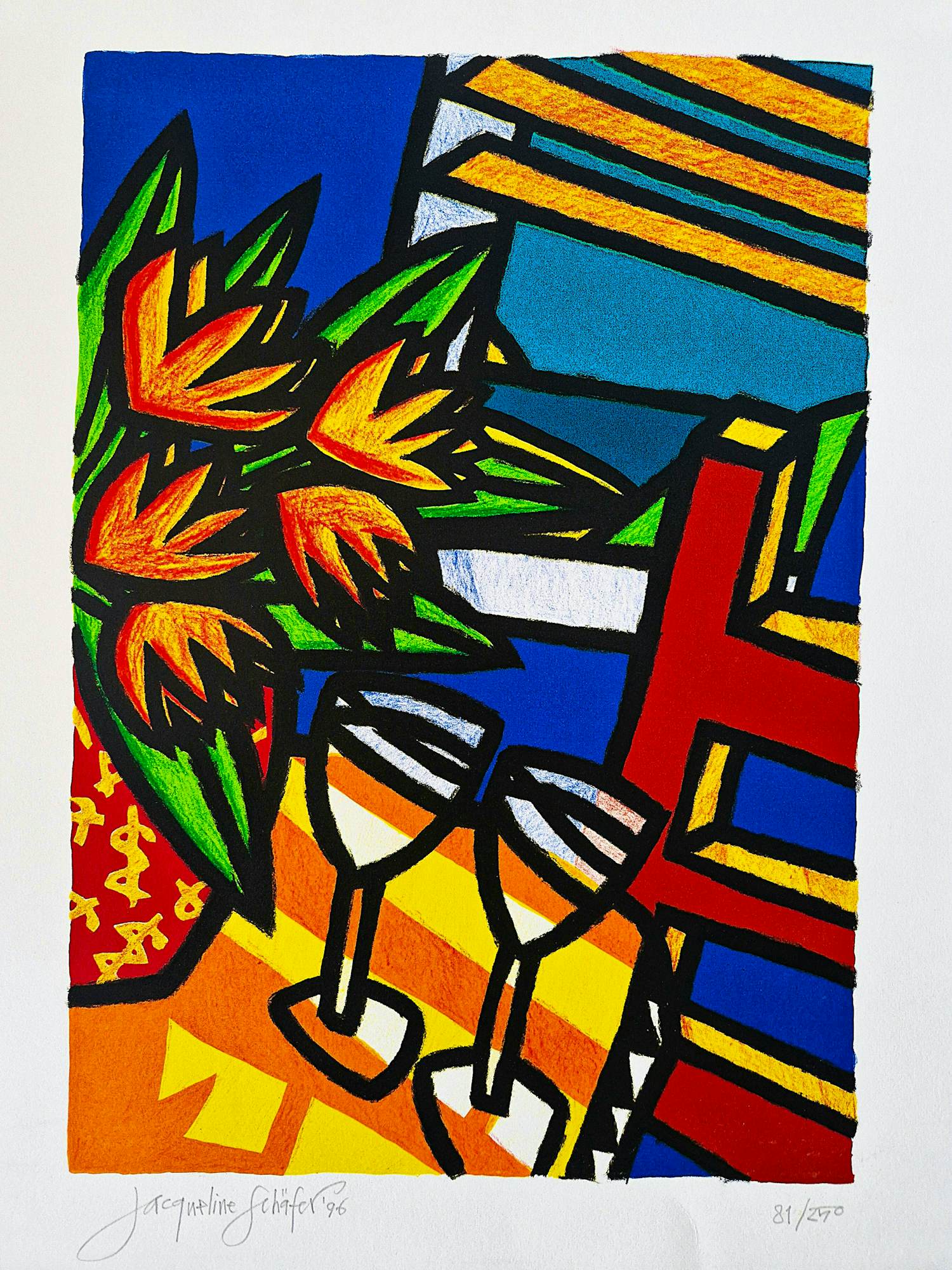 Jacqueline Schäfer - mooie grote kleuren zeefdruk - tafel met glazen en plant - 1996 - gelimt. oplage kopen? Bied vanaf 38!