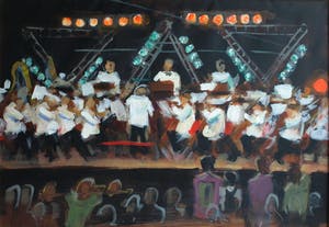 Niet of onleesbaar gesigneerd - Groot , ingelijst acrylverf op doek , Het concert – 1998 - 81 x 111 cm kopen? Bied vanaf 1!