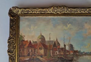 Niet of onleesbaar gesigneerd - Stadsgezicht Singel A'dam met bootjes en Lutherse kerk - Gesigneerd: W. van Dam kopen? Bied vanaf 10!