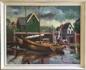 AcheterSiem Wardenaar - Haventje Noord-Holland | olieverfschilderij - ingelijst (Groot)? Enchérissez de 300!