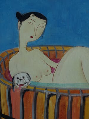 Niet of onleesbaar gesigneerd - 2x Acrylverf op doek, “Japanse (?) vrouw met hond en kat” kopen? Bied vanaf 1!