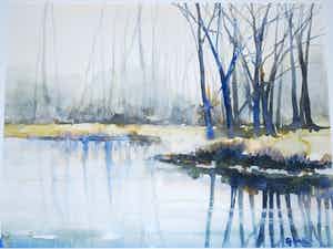 Sjoerdtje Mulder-Hak - Bosven met bomen - ingelijste aquarel verkocht voor € 75!