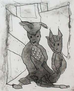 Lucebert - Ingelijste Ets: 2 figuren - 1992 verkocht voor € 250!