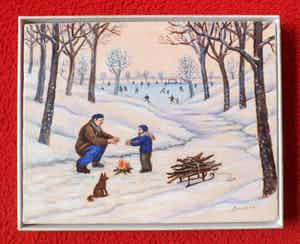 Denny Jacobs - handen warmen - schaatsen op het ijs - naïef realisme. verkocht voor € 65!
