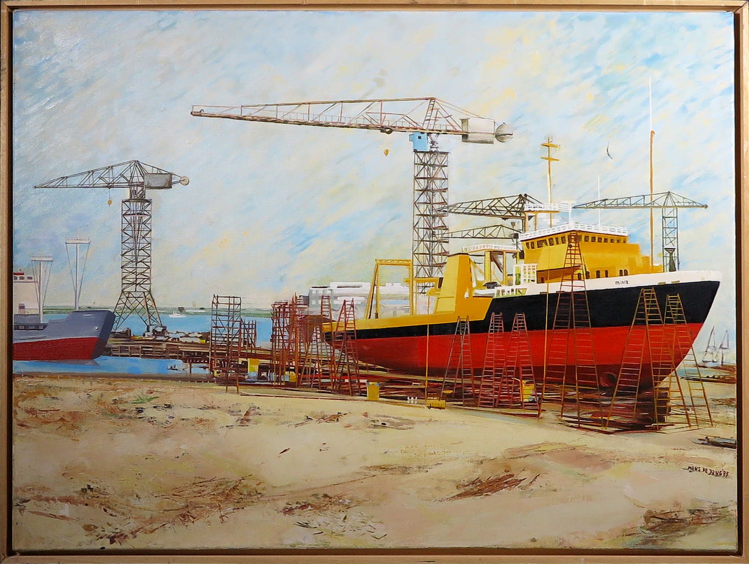 Hens de Jong - Olieverf op doek, Werf - Ingelijst (Groot) verkocht voor € 1!