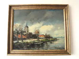 Hendrik Cornelis Kranenburg - Olieverf - Kerksdorp aan het water kopen? Bied vanaf 110!