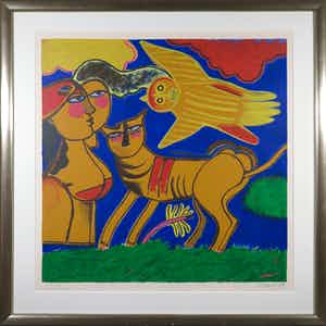 Corneille - Zeefdruk, Le grand oiseau jaune et le chat - Ingelijst (Groot) verkocht voor € 400!