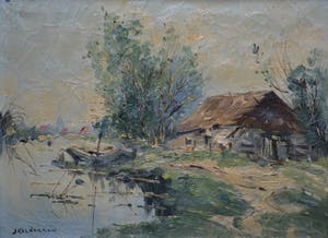 Buy Jan Kelderman - Rivierenlandschap met boerderij - Olieverf op doek? Bid from 10!