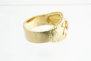 183- Grote & mooi bewerkte 18 krt geel gouden "Rozen met blad" unisex ring kopen? Bied vanaf 740!