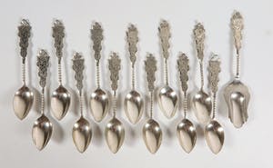 12 zilveren theelepels met suikerschepje kopen? Bied vanaf 120!