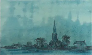 Poppe Damave - Aquarel, Dorpsgezicht met kerk - Ingelijst kopen? Bied vanaf 35!