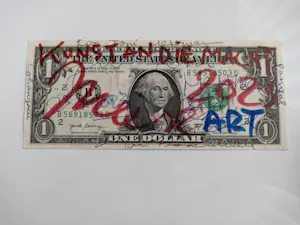 Jonathan Meese - Ingelijst bewerkt Dollarbiljet (‘Kunst an die Macht’) kopen? Bied vanaf 99!