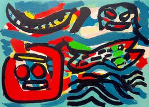 Karel Appel - Apres-midi d’un singe sur la place de l’école, litho (netjes ingelijst) verkocht voor € 1150!