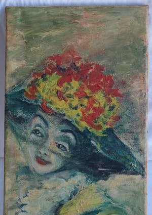 Niet of onleesbaar gesigneerd - Olieverf op doek, Vrouw met bloemetjeshoed – 100 x 30 cm - oud kopen? Bied vanaf 1!