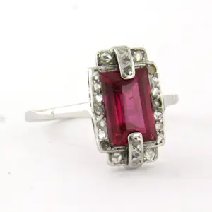 ART DECO 18k gouden ring met robijn verneuille en roos diamanten tot. 0.05ct kopen? Bied vanaf 330!