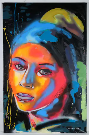 AcheterPeter Klashorst - Acryl en spuitbus op doek, Portret naar meisje met de parel? Enchérissez de 400!