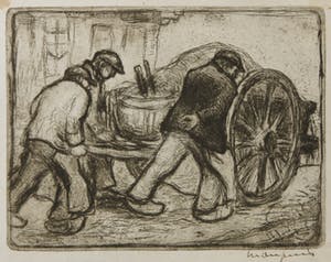 Niet of onleesbaar gesigneerd - Ets, Z.T. Mannen met kar kopen? Bied vanaf 10!